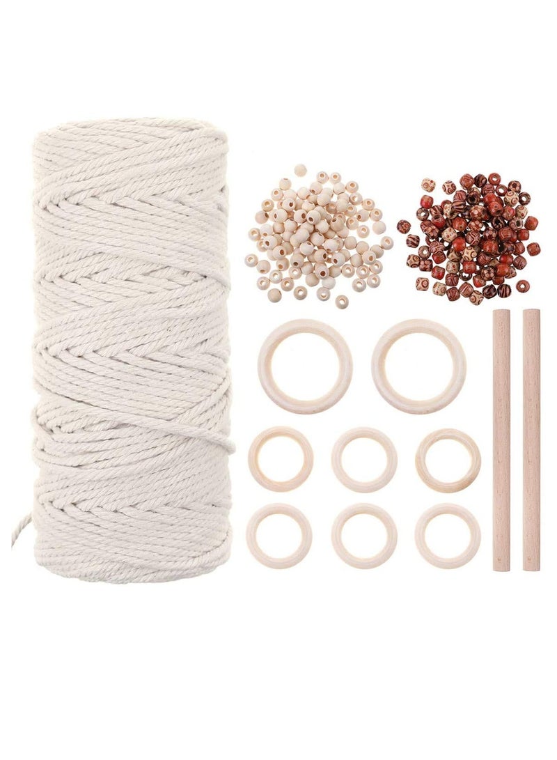 إكسفور 109 Yadrs 3mm Natural Macrame Cord Kit with 100 pcs Wood Beads 6pcs Wood Ring and 2 pcs Wooden Stick for Crafts,DIY Plant Hangers - Image 1