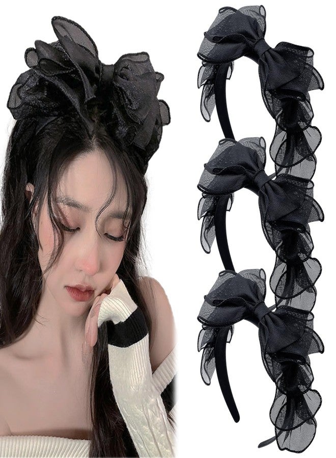 Aswewamt 3 Pcs Black Lace Bowknot Headband Vintage Knotted Hair Hoop French Fancy Bow Cosplay Lace Headband Costume Accessories for Women Girls - Image 1