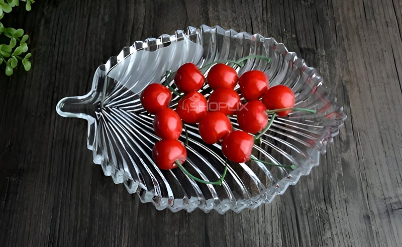 SHOPLIX SHOPLIX Leaf Shape Glass Serving Tray Plate - Elegant 20cm Transparent Crystal Design | Perfect for Dry Fruits, Snacks, Sweets, Chocolates, Home & Festive Decor - Lightweight & Durable (1 Piece) - Image 1