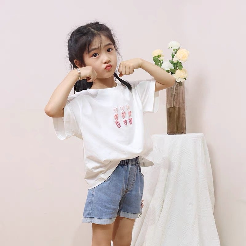 Girls' Pure Cotton Clothing T-Shirt Kidsren'S 2026 Korean Style White Embroidered Round Neck Top Baby Girl Summer Loose T-Shirt - Image 1