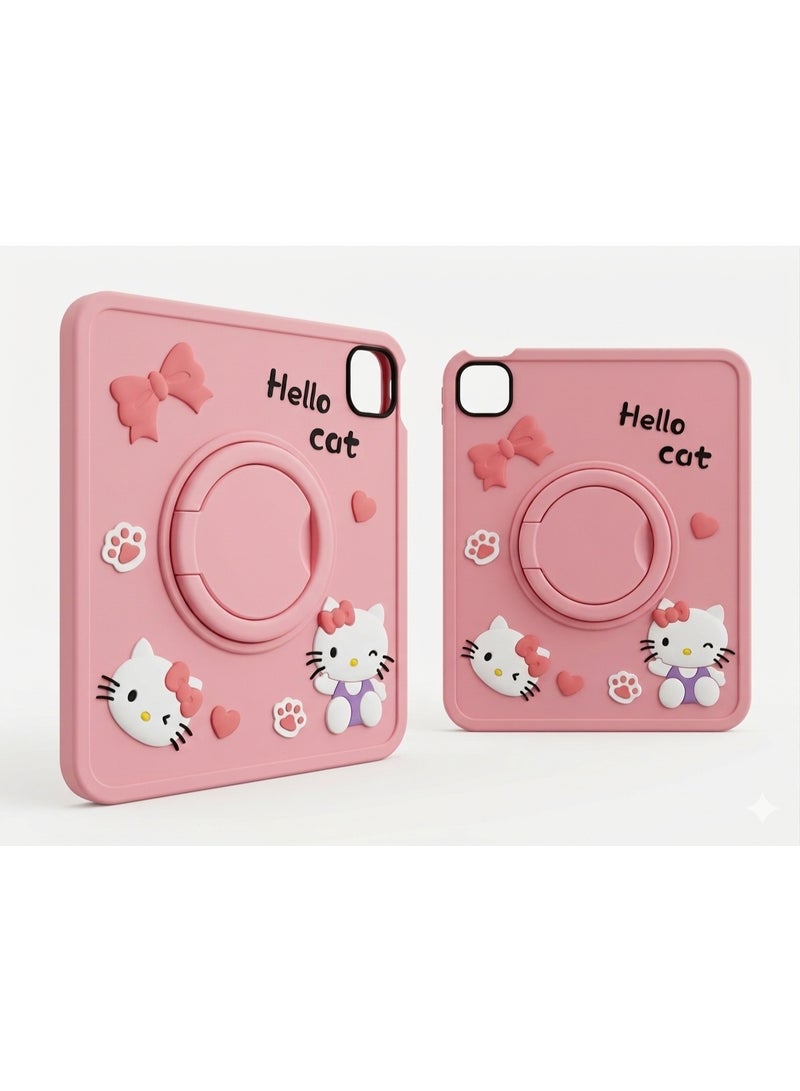 كفر حماية للايباد iPad A16 2025 الجيل العاشر 10.9 إنش – سيليكون مرن مقاوم للصدمات – حماية كاميرا وحواف مرتفعة - تصميم هيلو كات وردي مع ستاند دوار - Image 2