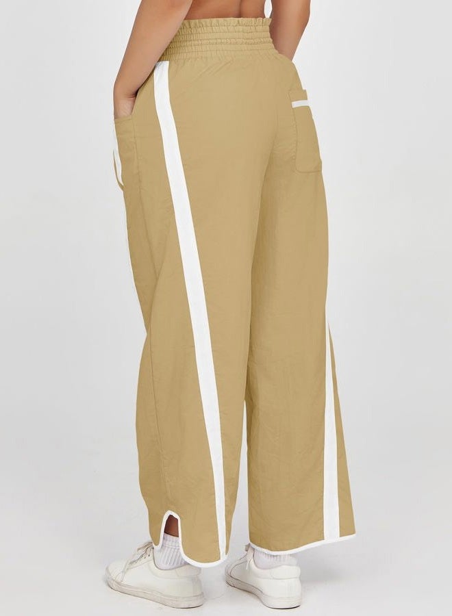 Fisoew Women's Baggy Wide Leg Pants Casual Drawstring Elastic Waisted Contrast Color Workout Y2K Track Pants, Khaki, XL - Image 5