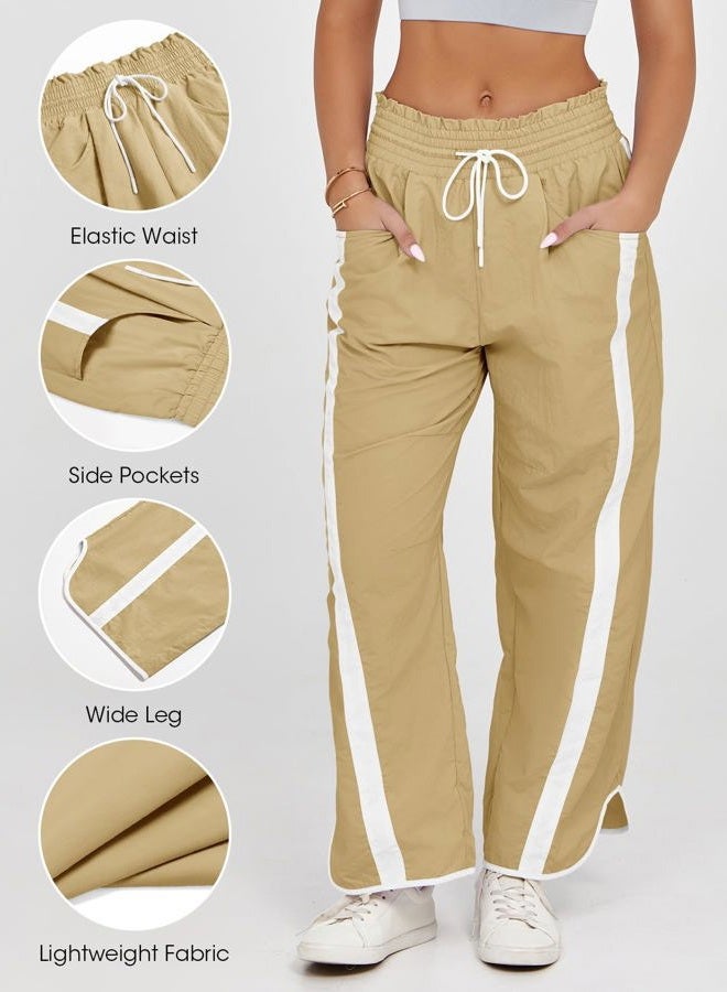 Fisoew Women's Baggy Wide Leg Pants Casual Drawstring Elastic Waisted Contrast Color Workout Y2K Track Pants, Khaki, XL - Image 3