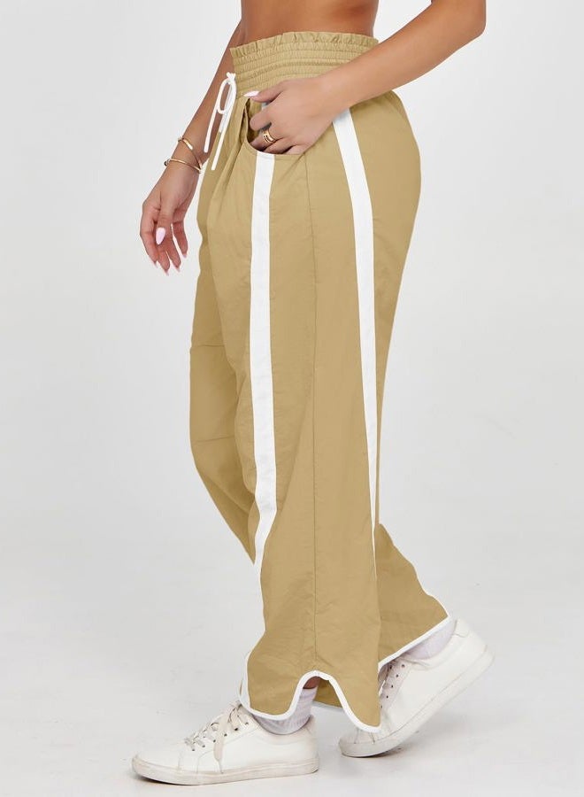 Fisoew Women's Baggy Wide Leg Pants Casual Drawstring Elastic Waisted Contrast Color Workout Y2K Track Pants, Khaki, XL - Image 2
