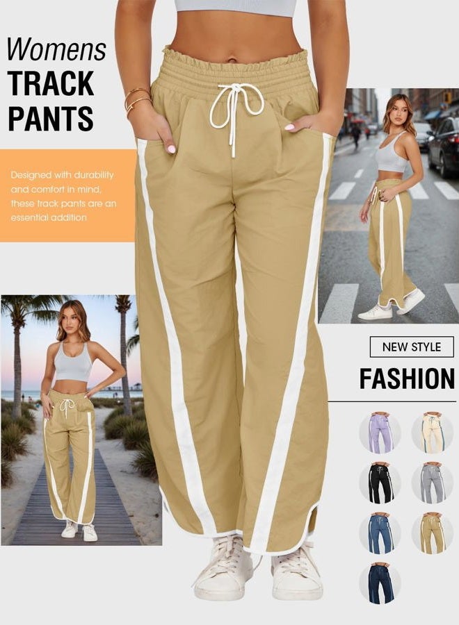 Fisoew Women's Baggy Wide Leg Pants Casual Drawstring Elastic Waisted Contrast Color Workout Y2K Track Pants, Khaki, XL - Image 4