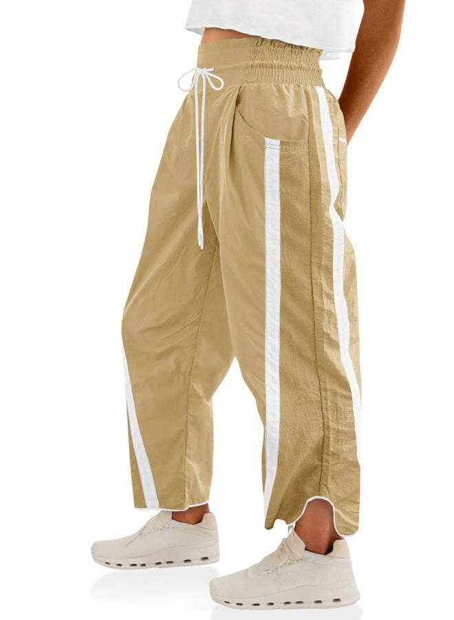 Fisoew Women's Baggy Wide Leg Pants Casual Drawstring Elastic Waisted Contrast Color Workout Y2K Track Pants, Khaki, XL - Image 1
