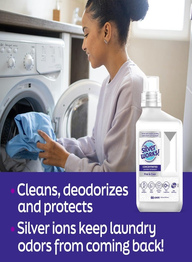SilverWorks! Powerful Odor Eliminating Laundry Detergent Liquid, Silver Ion Deodorizer Technology, Laundry Odor Eliminator For Clothes, Cleans, Deodorizes & Protects - 33 fl oz, 66 Loads, Free & Clear - Image 2