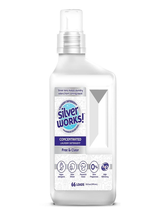 SilverWorks! Powerful Odor Eliminating Laundry Detergent Liquid, Silver Ion Deodorizer Technology, Laundry Odor Eliminator For Clothes, Cleans, Deodorizes & Protects - 33 fl oz, 66 Loads, Free & Clear - Image 1