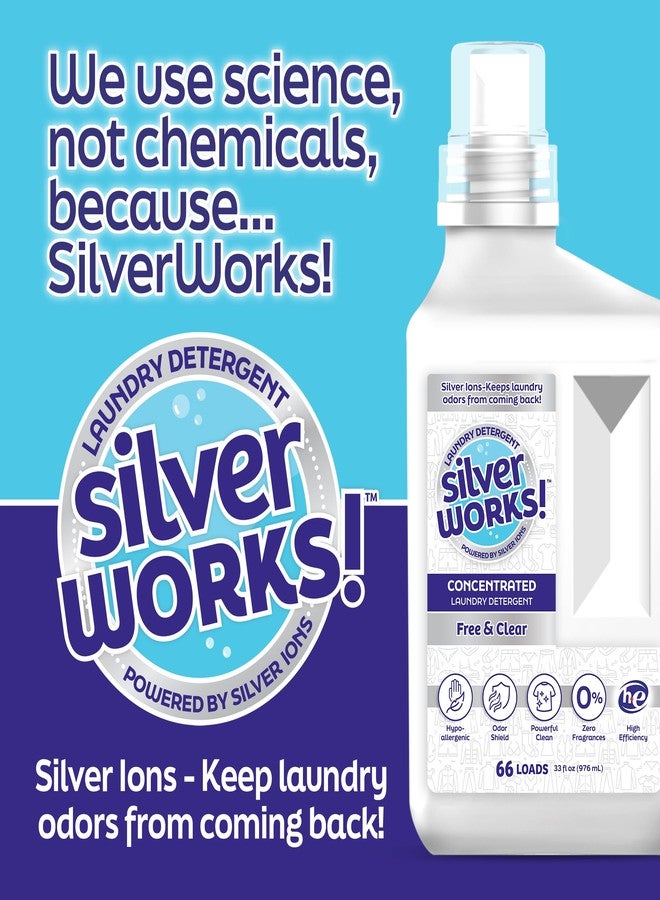 SilverWorks! Powerful Odor Eliminating Laundry Detergent Liquid, Silver Ion Deodorizer Technology, Laundry Odor Eliminator For Clothes, Cleans, Deodorizes & Protects - 33 fl oz, 66 Loads, Free & Clear - Image 4
