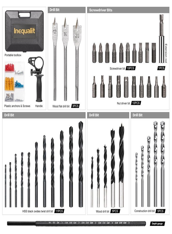 Inequalit Corded Hammer Drill 4.5Amp 0-3000 RPM, 1/2 Inch Chuck Impact Drill with 105-Piece Accessory Set, Adjustable Speed Control, 360° Swivel Handle, Depth Gauge and Portable Carrying Case - Image 2