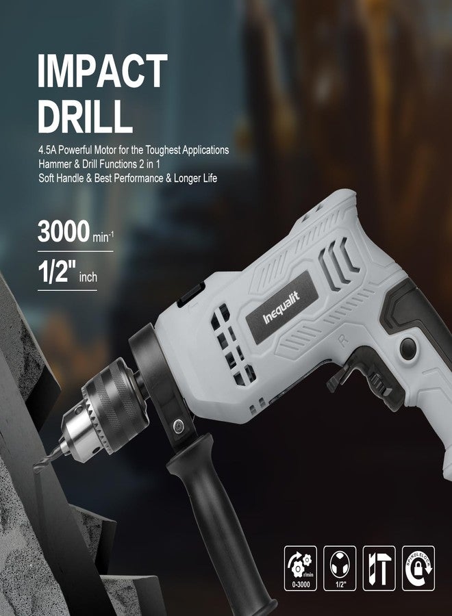 Inequalit Corded Hammer Drill 4.5Amp 0-3000 RPM, 1/2 Inch Chuck Impact Drill with 105-Piece Accessory Set, Adjustable Speed Control, 360° Swivel Handle, Depth Gauge and Portable Carrying Case - Image 3