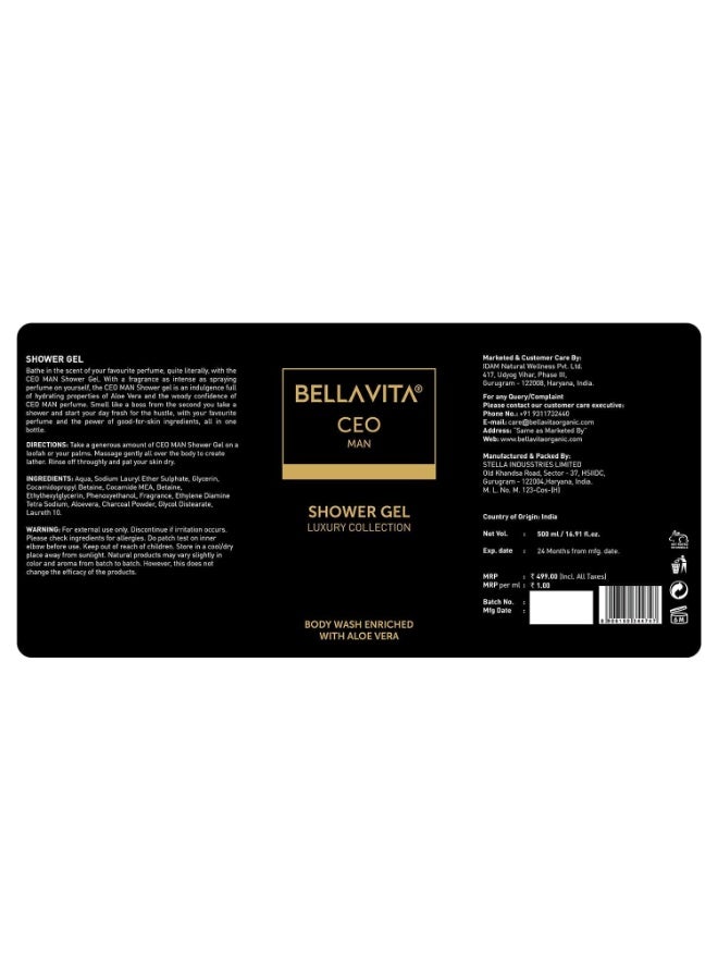 Bella Vita Luxury CEO MAN Body Wash Shower Gel for Men |Men's Bodywash 500ml | Deep Cleansing, Hydrating, Moisturising with Aloe Vera Extract & Charcoal Powder| Suitable for All Skin Types - Image 2