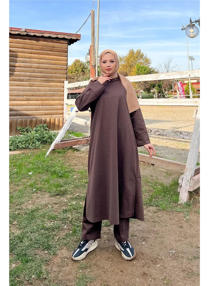 Bwest O Neck Slit Long Wide Comfortable Tunic Trousers Plain Basic Sports Suit - 3040 - Brown