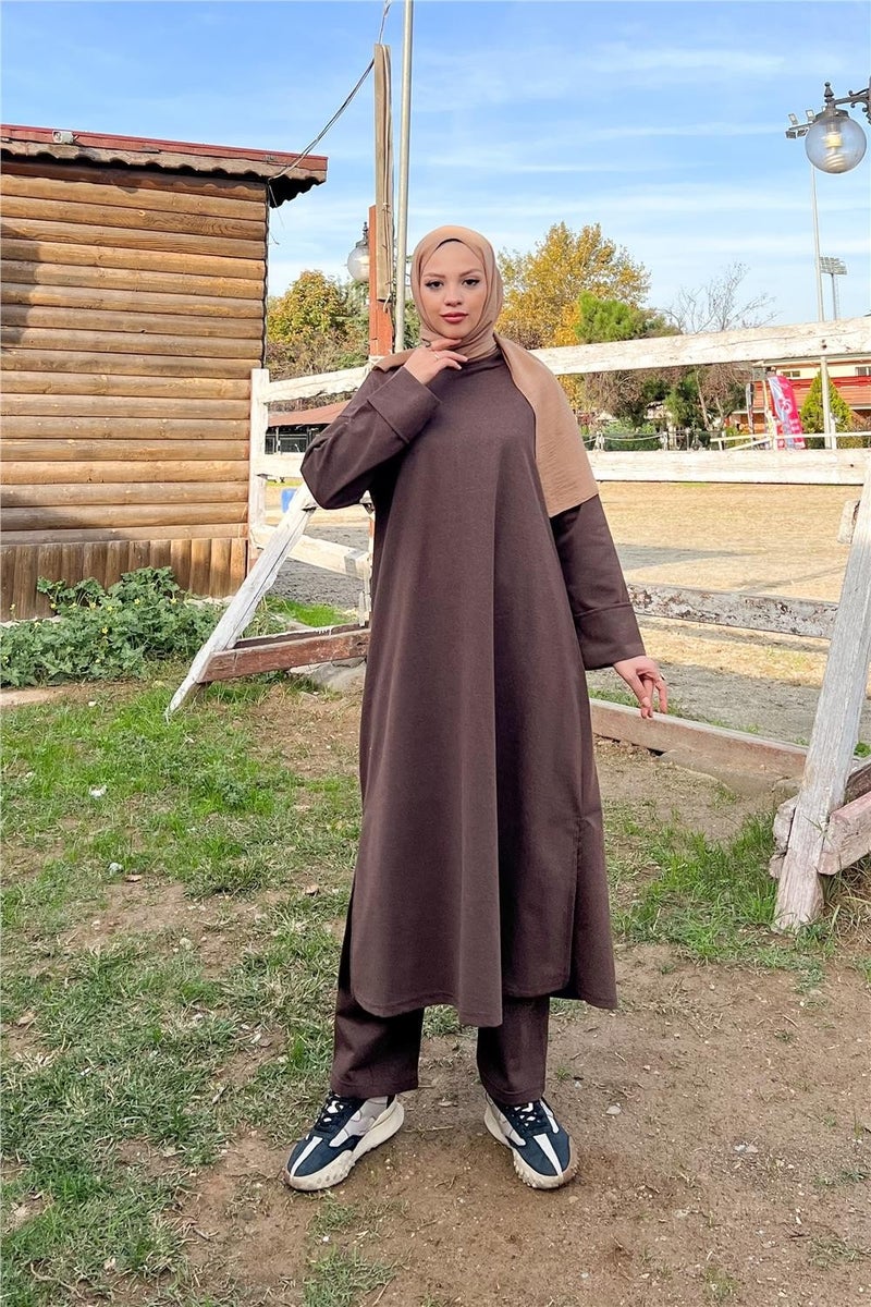 Bwest O Neck Slit Long Wide Comfortable Tunic Trousers Plain Basic Sports Suit - 3040 - Brown - Image 1