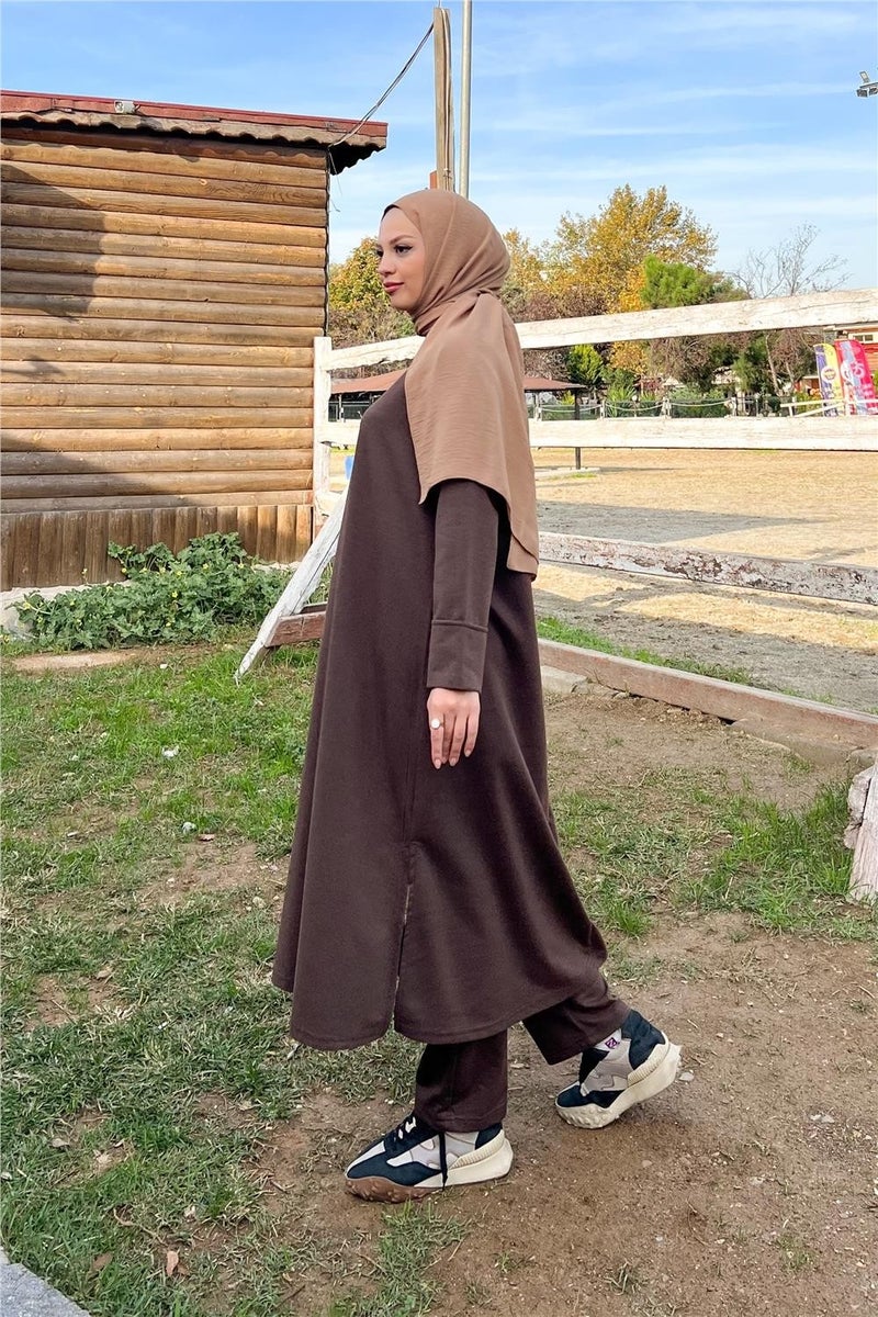Bwest O Neck Slit Long Wide Comfortable Tunic Trousers Plain Basic Sports Suit - 3040 - Brown - Image 3