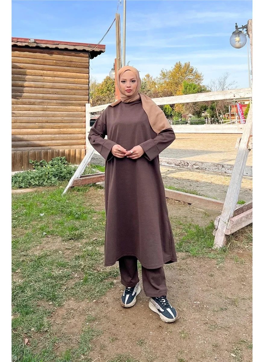 Bwest O Neck Slit Long Wide Comfortable Tunic Trousers Plain Basic Sports Suit - 3040 - Brown