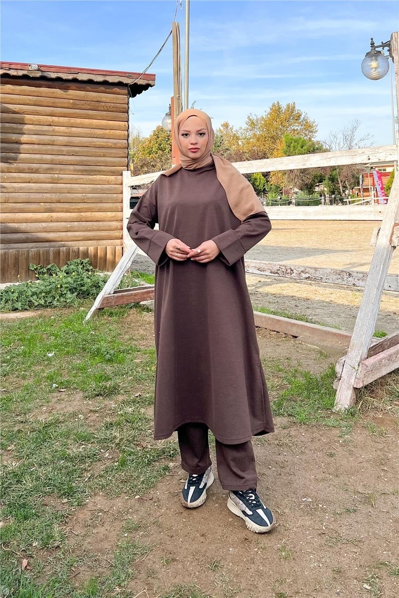 Bwest O Neck Slit Long Wide Comfortable Tunic Trousers Plain Basic Sports Suit - 3040 - Brown - Image 2