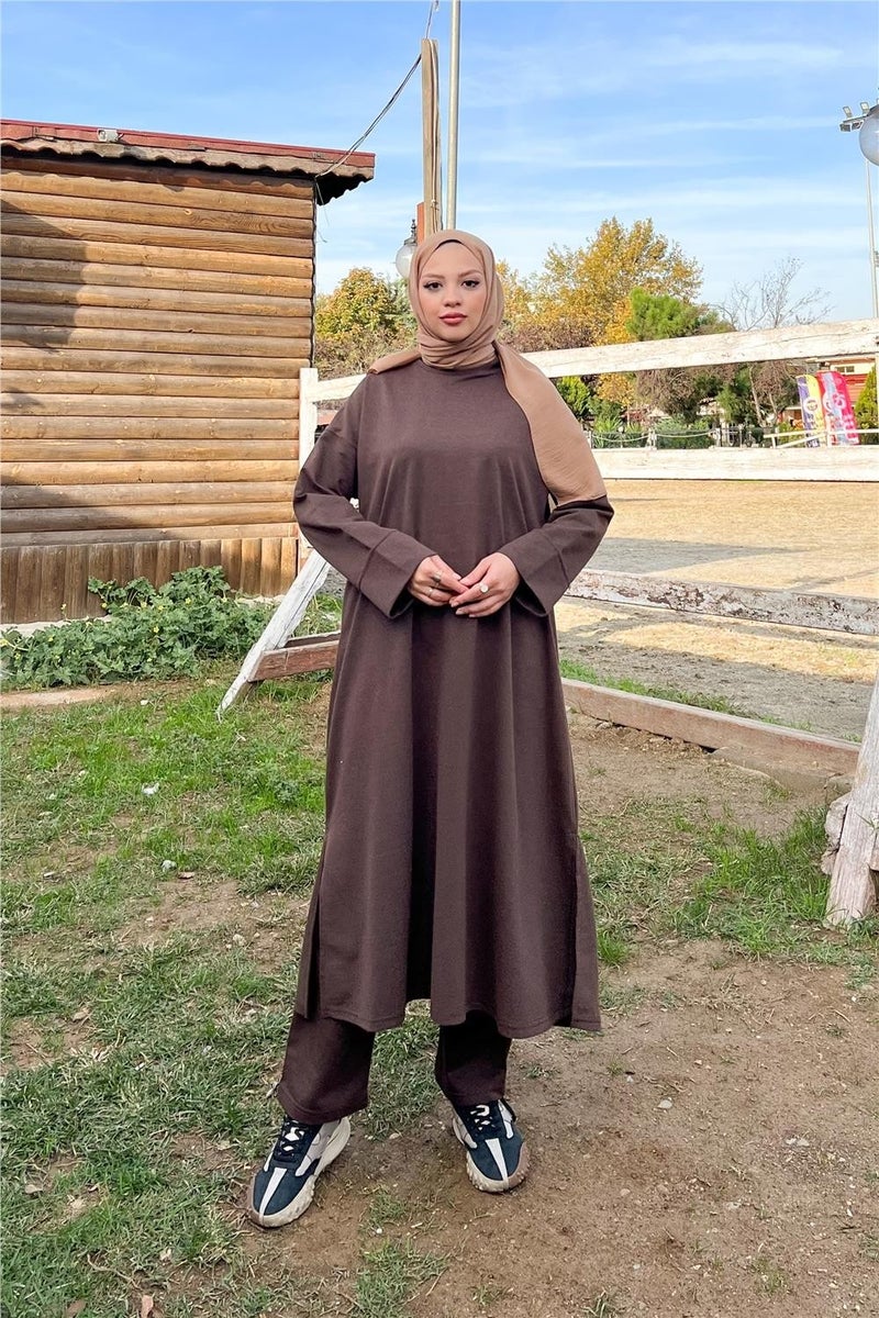 Bwest O Neck Slit Long Wide Comfortable Tunic Trousers Plain Basic Sports Suit - 3040 - Brown - Image 5