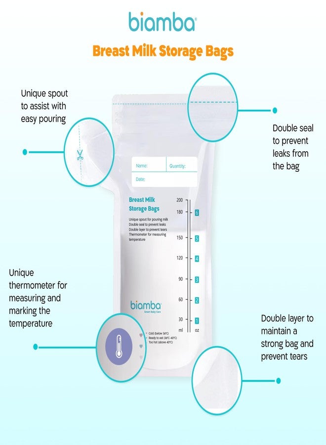 Biamba 50-Piece Milk Storage Bags Breastmilk by Biamba - Breastmilk Storage Bag Freezer BPA-Free, Double Seal Leak-Resistant, Temperature Indicator, Easy Pour Spout, Pre-Sterilized, 200ml / 6.7 Fl.oz Per Bag - Image 3