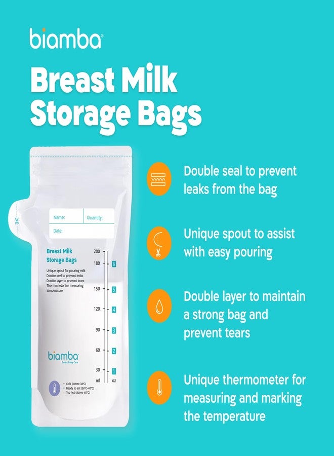 Biamba 50-Piece Milk Storage Bags Breastmilk by Biamba - Breastmilk Storage Bag Freezer BPA-Free, Double Seal Leak-Resistant, Temperature Indicator, Easy Pour Spout, Pre-Sterilized, 200ml / 6.7 Fl.oz Per Bag - Image 2