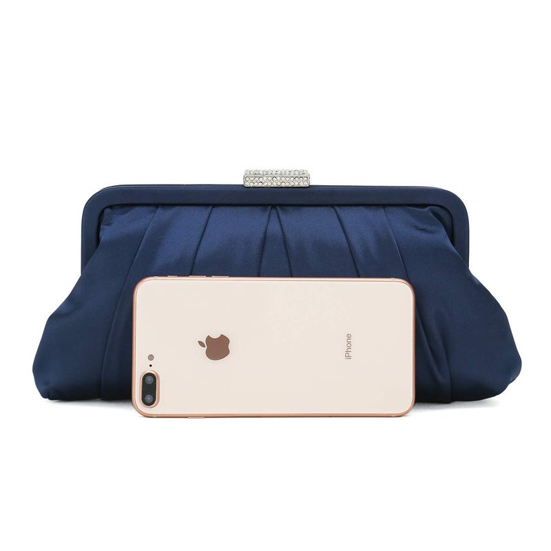 CHARMING TAILOR Classic Pleated Satin Clutch Bag Diamante Embellished Formal Purse for Wedding/Prom/Black-Tie Events (Navy) - Image 3