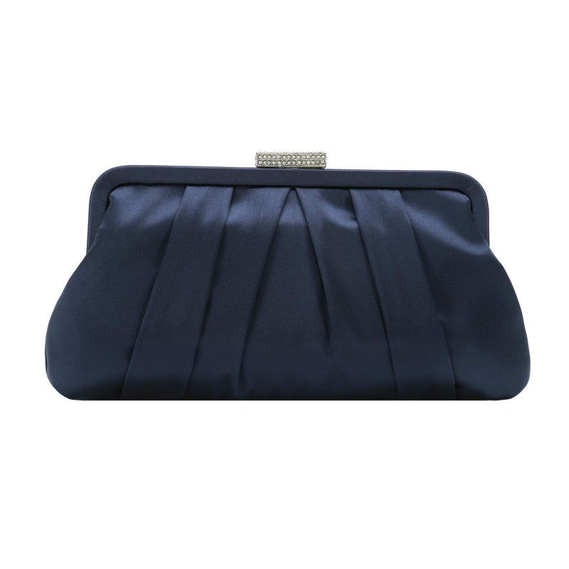 CHARMING TAILOR Classic Pleated Satin Clutch Bag Diamante Embellished Formal Purse for Wedding/Prom/Black-Tie Events (Navy) - Image 1