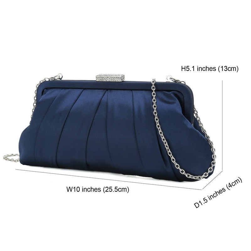 CHARMING TAILOR Classic Pleated Satin Clutch Bag Diamante Embellished Formal Purse for Wedding/Prom/Black-Tie Events (Navy) - Image 4