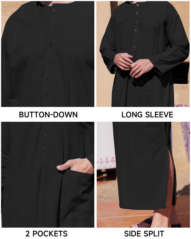 YAOHUOLE Arabic Thobe for Men Side Split Men's Kaftan Long Gown Thobe Black 3XL - Image 5
