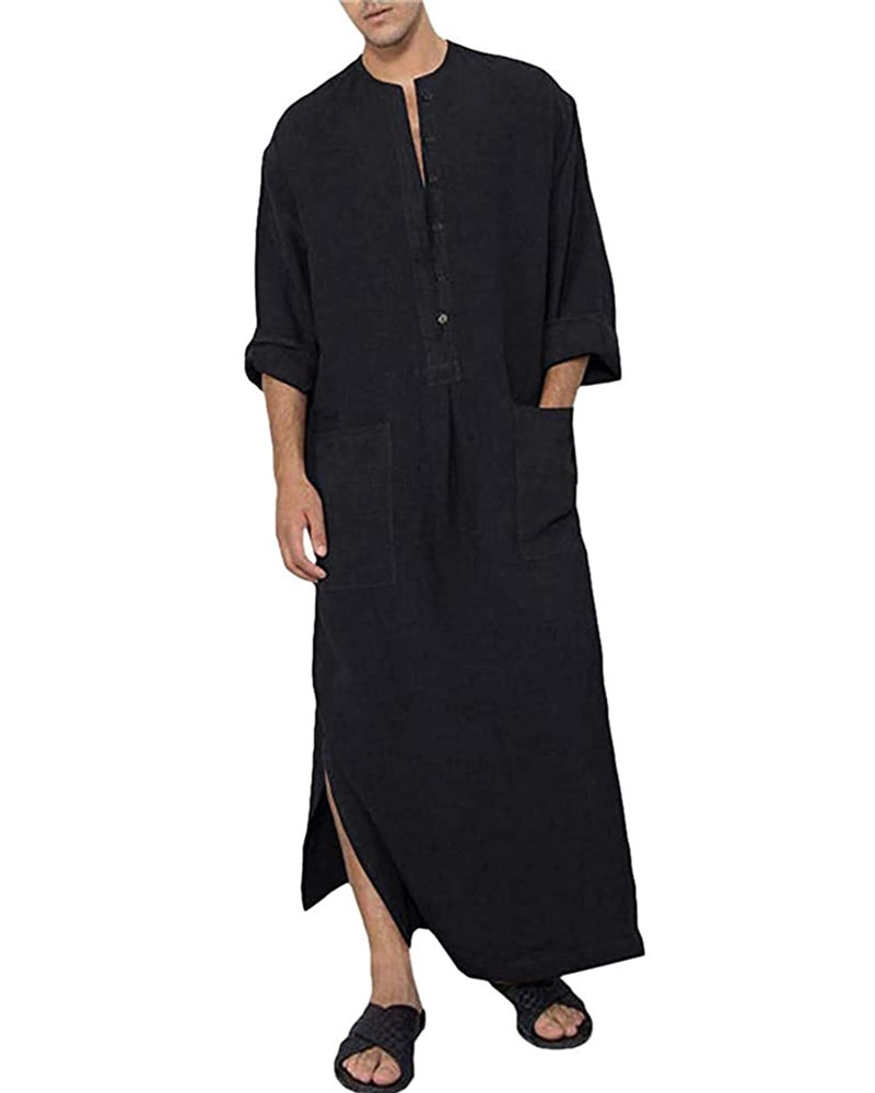 YAOHUOLE Arabic Thobe for Men Side Split Men's Kaftan Long Gown Thobe Black 3XL - Image 1
