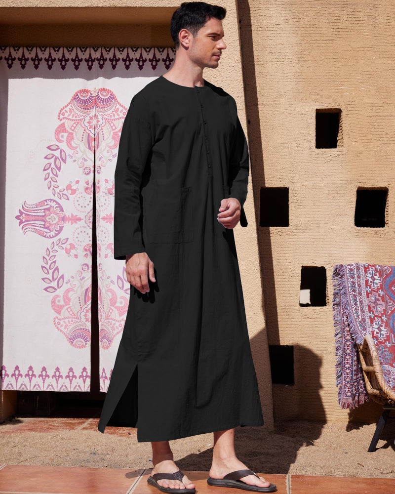 YAOHUOLE Arabic Thobe for Men Side Split Men's Kaftan Long Gown Thobe Black 3XL - Image 3