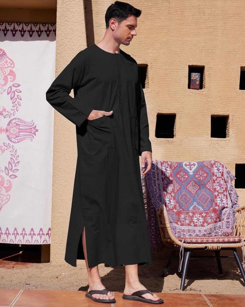 YAOHUOLE Arabic Thobe for Men Side Split Men's Kaftan Long Gown Thobe Black 3XL - Image 2