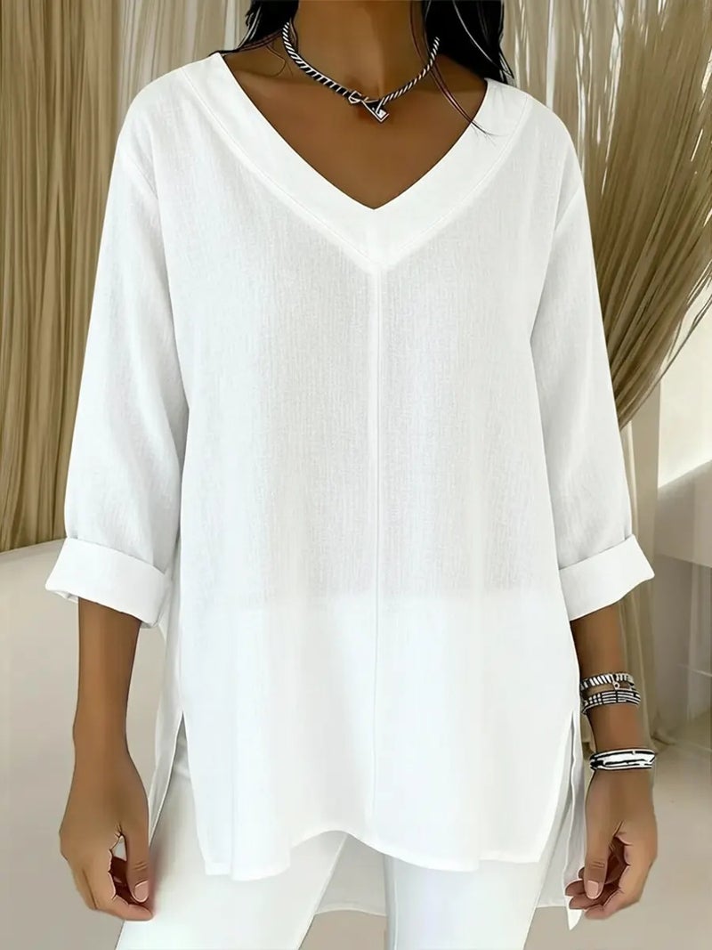 Women's Loose V-Neck Solid Ramie Cotton Blouse - Image 5