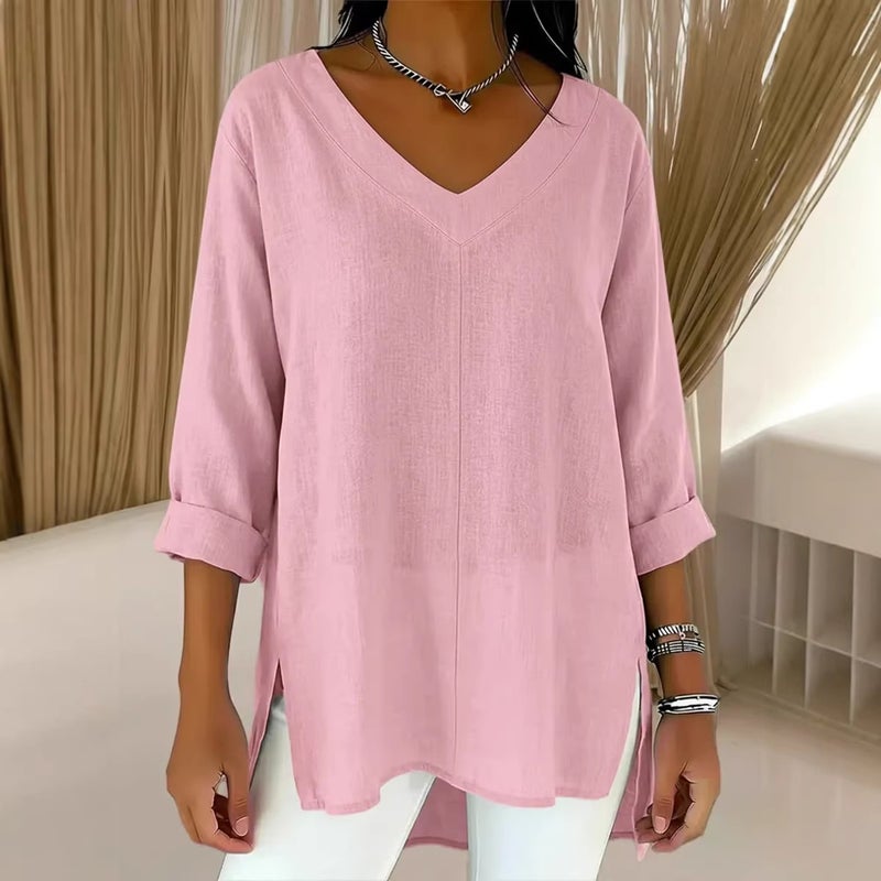 Women's Loose V-Neck Solid Ramie Cotton Blouse - Image 3