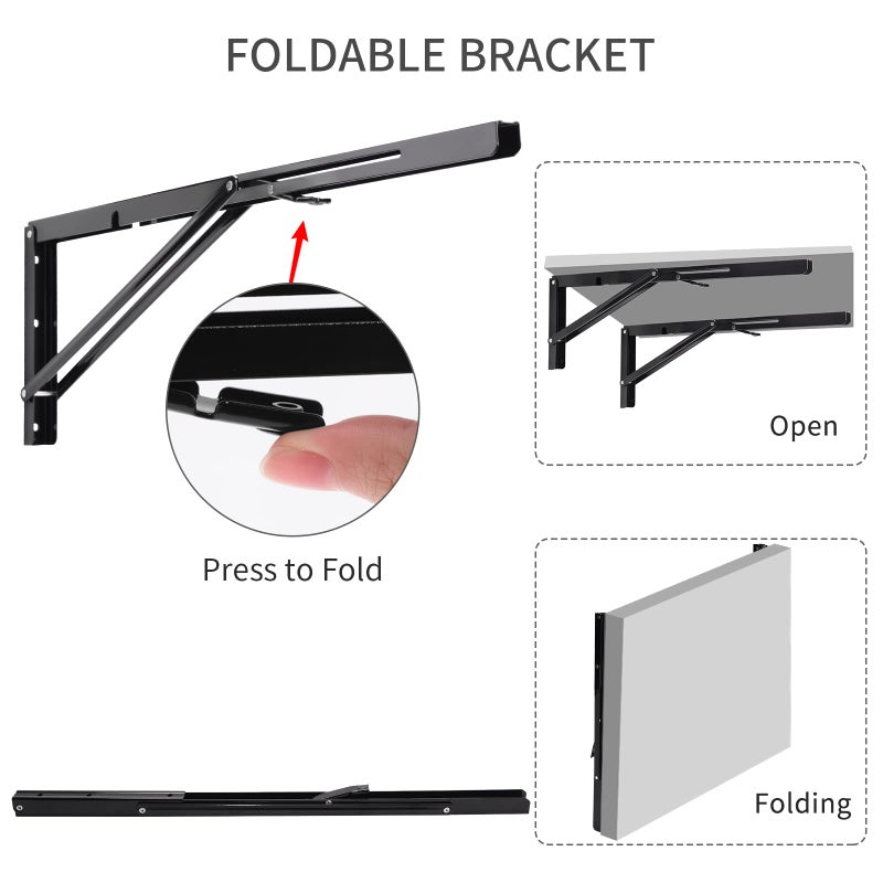 YUMORE Folding Shelf Brackets, 24 Inch Heavy Duty L Bracket, Black DIY Collapsible Shelf Bracket for Workbench Folding Table Hinge, Max Load: 330lb, Pack of 2 - Image 3
