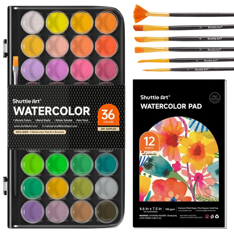 Shuttle Art 43 Pack Watercolor Paint Set 36 Colors Watercolor Paint Pan Set with 6 Brushes and 1 Watercolor Pad for Beginners Artists Kids Adults Watercolor Painting Bullet Journal Calligraphy