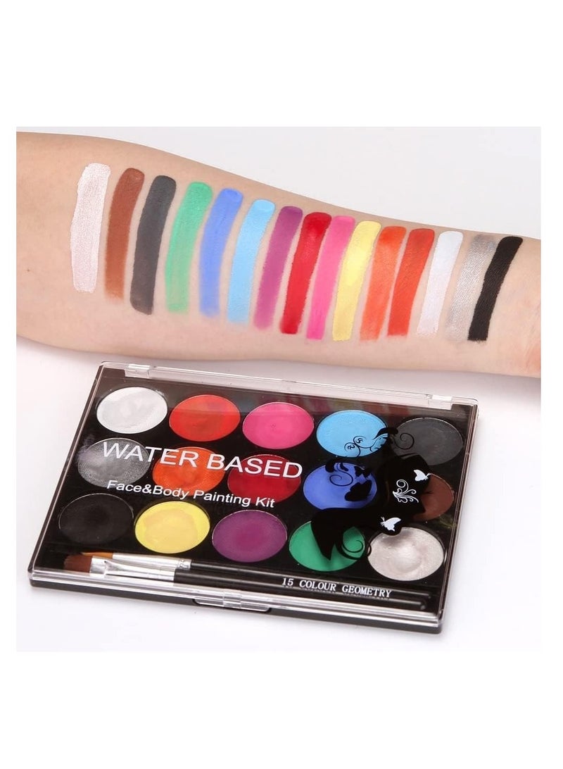 Face Painting Kit - 15 Water Based Face Paint Colors,2 Brushes,4 Stencils Professional Face Body Paint Palette Set for Teens  Adults  Party Cosplay Costume Makeup,Easy to Clean - Image 4