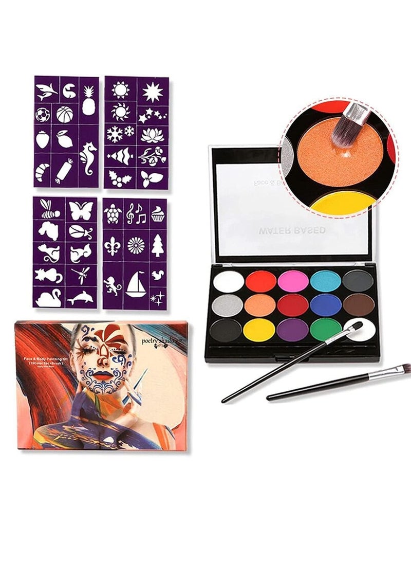 Face Painting Kit - 15 Water Based Face Paint Colors,2 Brushes,4 Stencils Professional Face Body Paint Palette Set for Teens  Adults  Party Cosplay Costume Makeup,Easy to Clean - Image 1