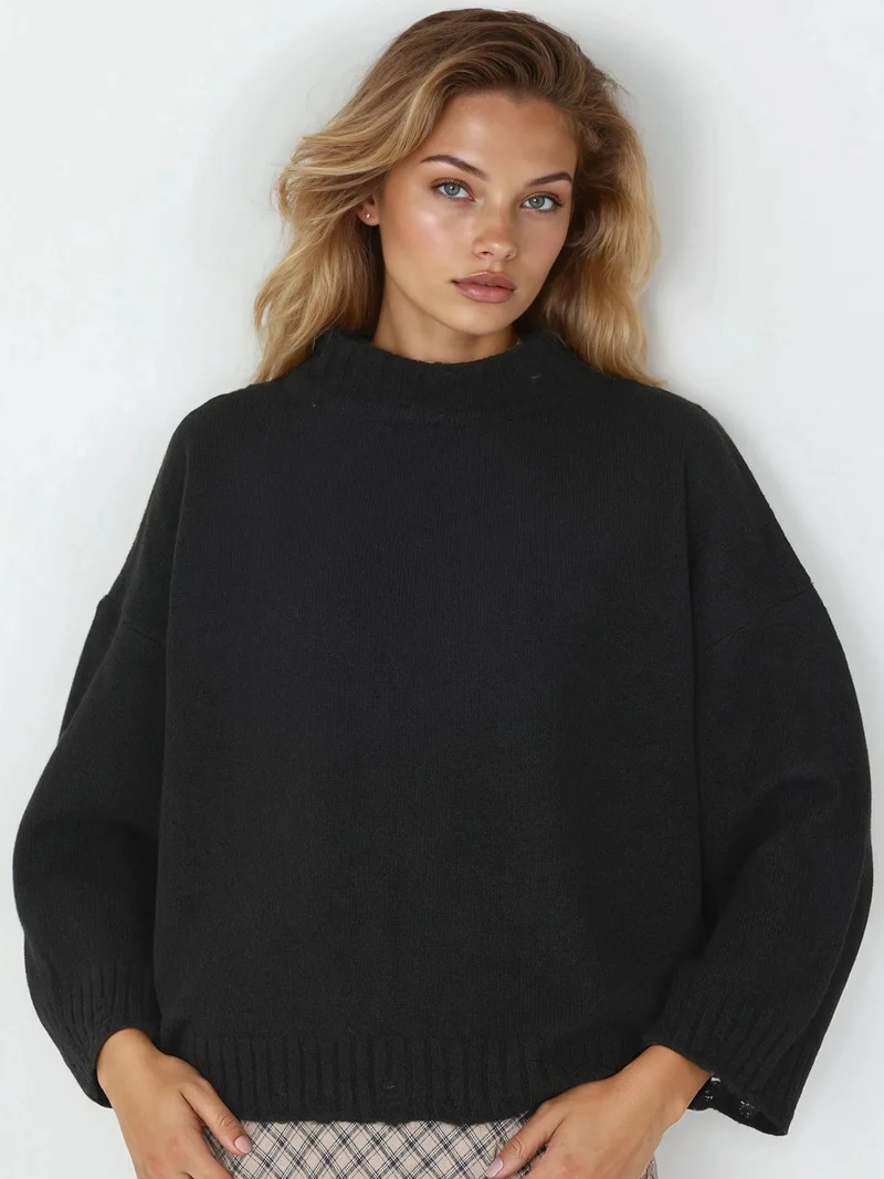 موضتي MY FASHION Oversized Textured Knit Sweater with Crew Neck