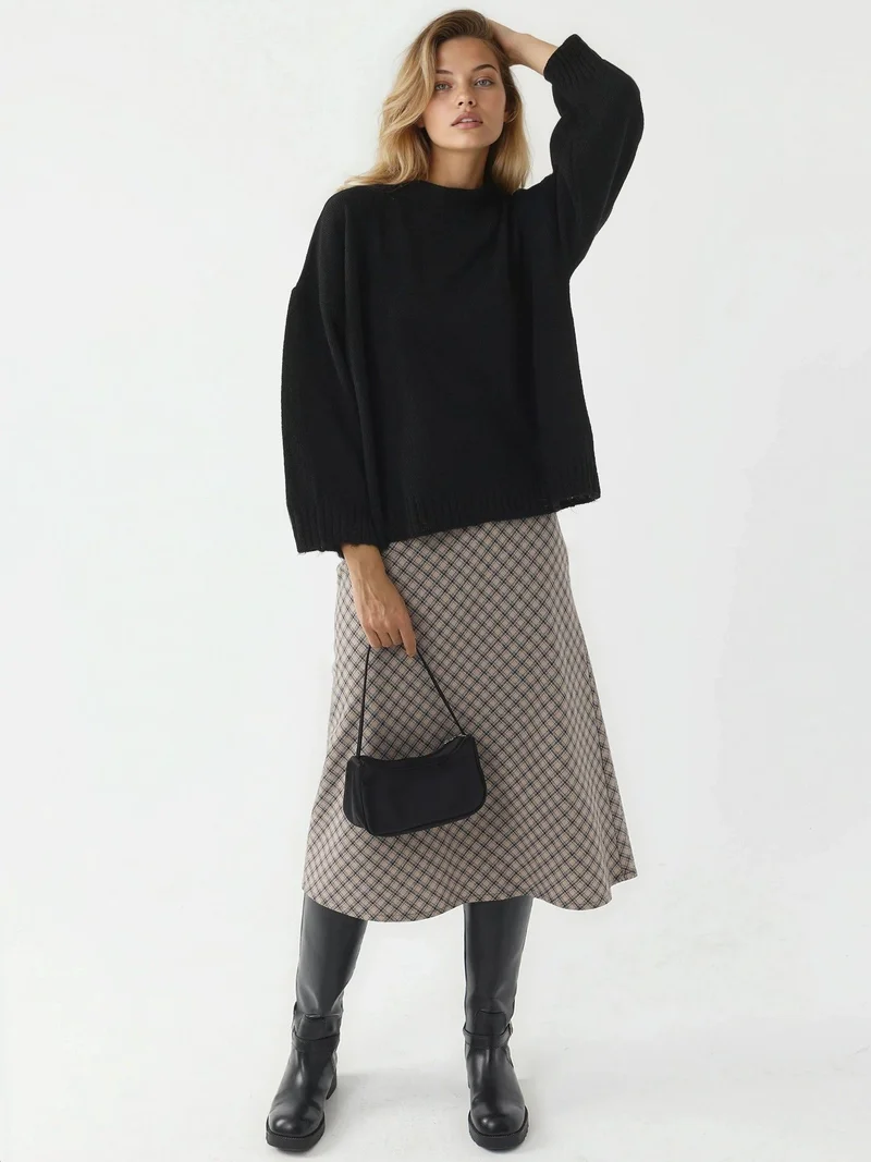 MY FASHION Black MY FASHION Oversized Textured Knit Sweater with Crew Neck for Women | Best Price UAE