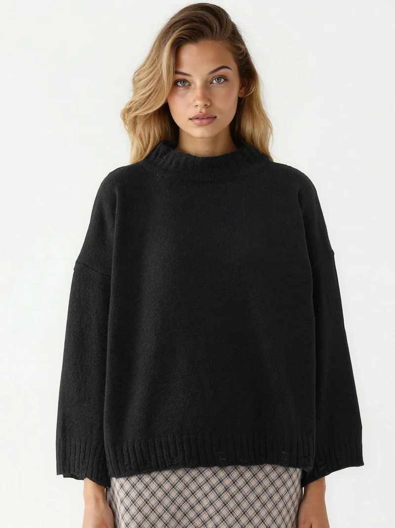 MY FASHION Black MY FASHION Oversized Textured Knit Sweater with Crew Neck for Women | Best Price UAE