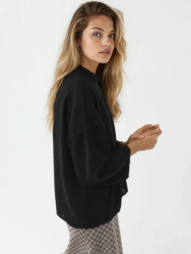 MY FASHION Black MY FASHION Oversized Textured Knit Sweater with Crew Neck for Women | Best Price UAE