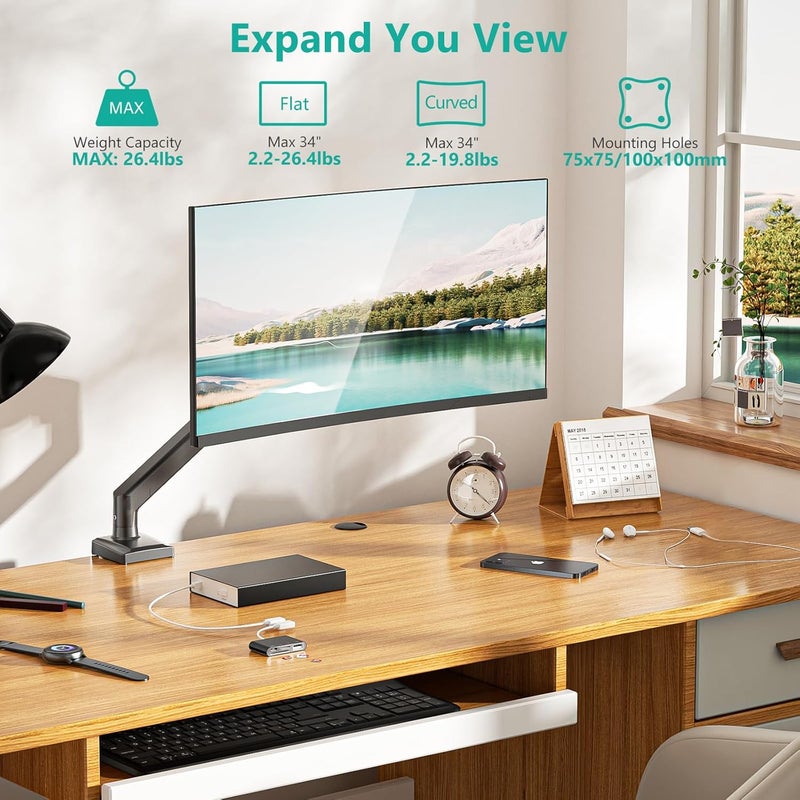 WALI Single Monitor Mount, Gas Spring Monitor Arm for 17-34 inch Screens, Adjustable Computer Monitors Stand up to 26.4lbs, with Clamp and Grommet Base, Mounting Holes 75 and 100mm (GSMP001N), Black - Image 2