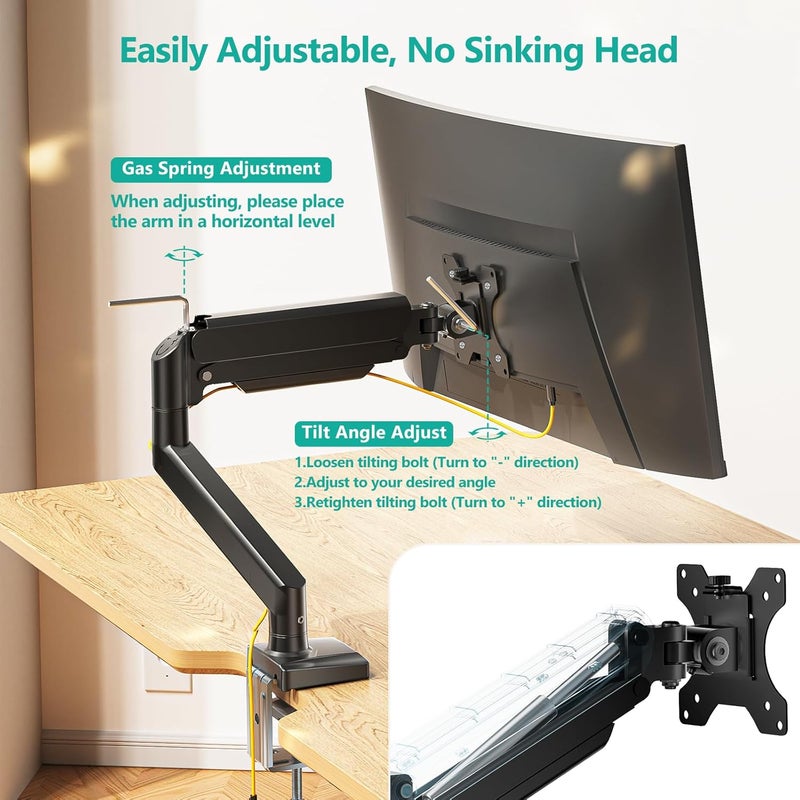 WALI Single Monitor Mount, Gas Spring Monitor Arm for 17-34 inch Screens, Adjustable Computer Monitors Stand up to 26.4lbs, with Clamp and Grommet Base, Mounting Holes 75 and 100mm (GSMP001N), Black - Image 4