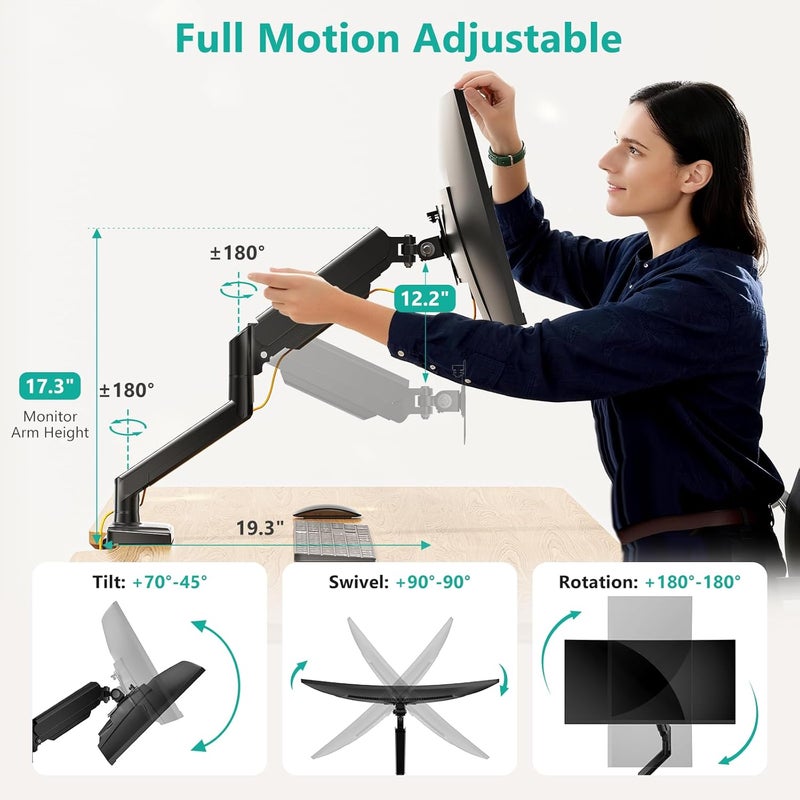 WALI Single Monitor Mount, Gas Spring Monitor Arm for 17-34 inch Screens, Adjustable Computer Monitors Stand up to 26.4lbs, with Clamp and Grommet Base, Mounting Holes 75 and 100mm (GSMP001N), Black - Image 3