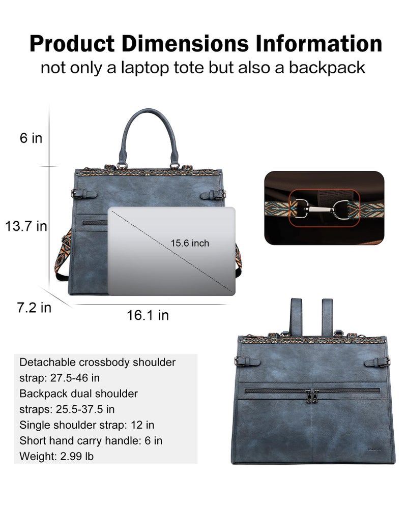 FADEON Laptop Bag for Women Designer PU Leather Large Tote Bags Backpack Purses with 15.6 Laptop Compartment Travel Shoulder Handbag Blue - Image 3
