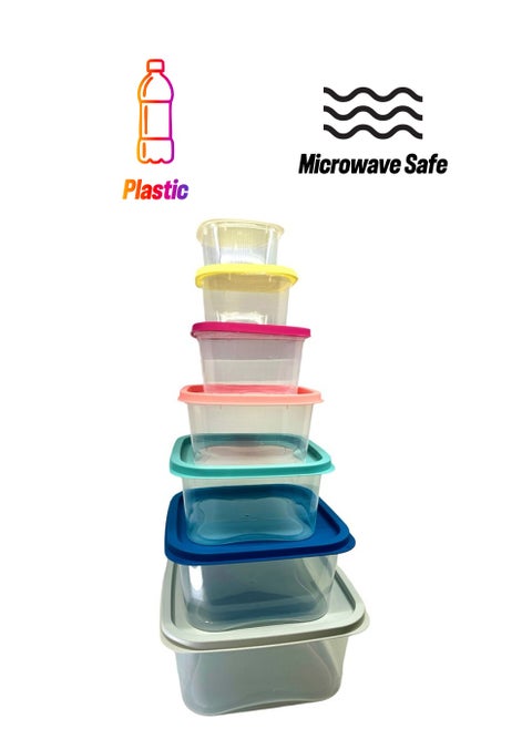 Square Rainbow Food Plastic Container, Microwave safe without Lid Set of 7 Pieces - 5000ml, 3200ml, 1900ml,1100ml, 530ml, 200ml & 80ml
