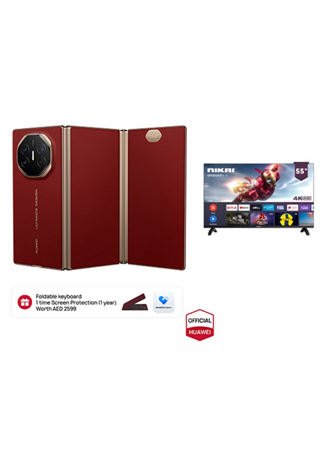 HUAWEI Mate XT Ultimate Design Triple Fold Dual SIM Red 16GB RAM 1TB + Keyboard + 1 year Huawei Care Plus + Nikai 55inch 4K UHD Smart LED TV - Middle East Version - Image 1