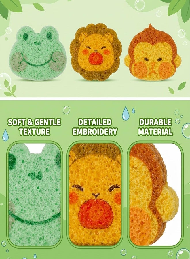 Vihaanta 3-Pack Animal Shape Bath Sponge - Wood Pulp Cotton Body Scrubber and Shower Loofah Set for Kids and Family, Cute Frog, Lion and Monkey Design - Image 3
