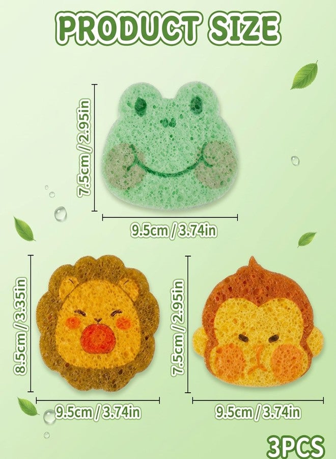Vihaanta 3-Pack Animal Shape Bath Sponge - Wood Pulp Cotton Body Scrubber and Shower Loofah Set for Kids and Family, Cute Frog, Lion and Monkey Design - Image 2