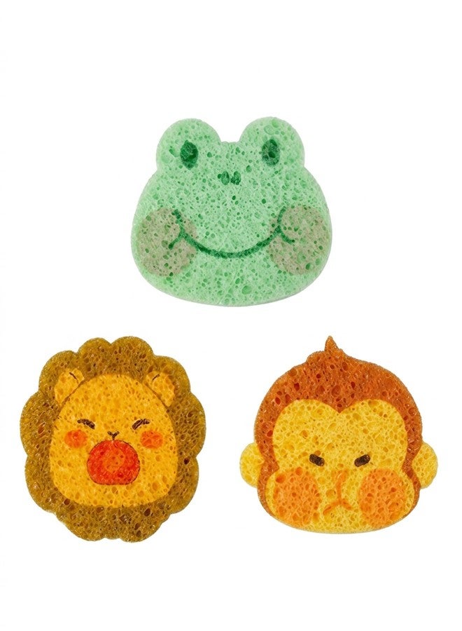 Vihaanta 3-Pack Animal Shape Bath Sponge - Wood Pulp Cotton Body Scrubber and Shower Loofah Set for Kids and Family, Cute Frog, Lion and Monkey Design - Image 1